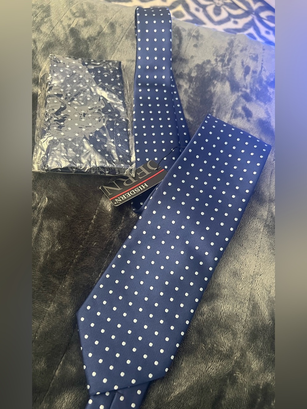 HISDERN Men’s Navy Blue Polka Dot Tie with Matching Pocket Square